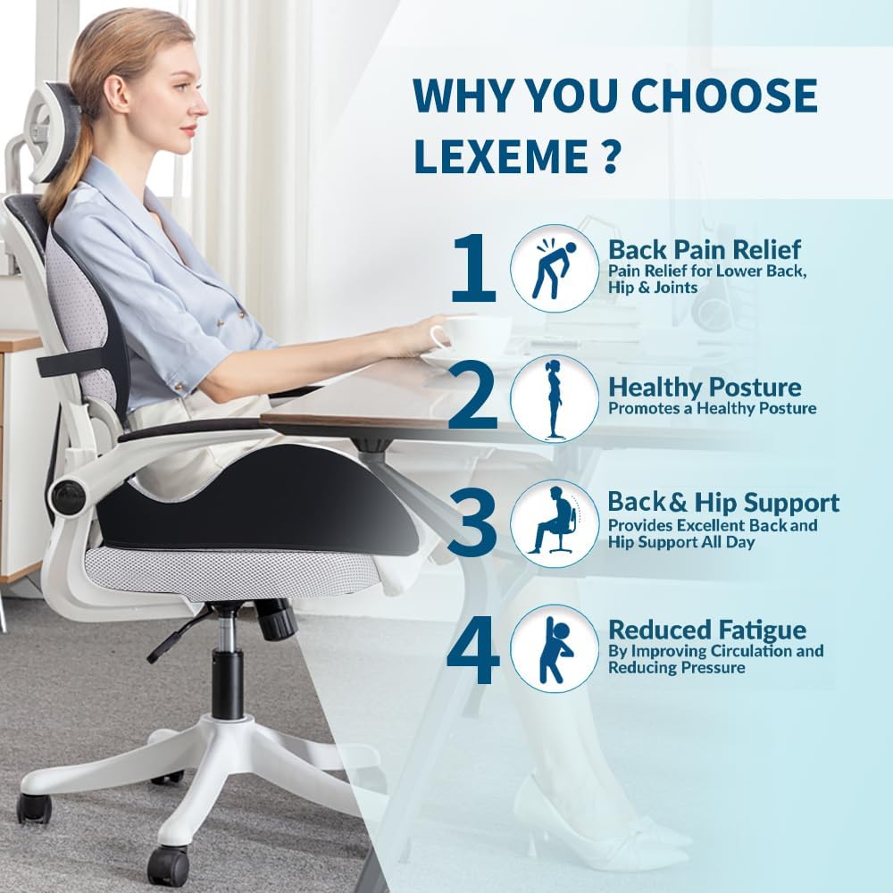 Lexeme X Large Memory Foam Seat Cushion Lumbar Support Pillow for Sciatica & Tailbone Pressure Relief Coccyx Pad for Office Chair, Car,Wheelchair,Home,Office