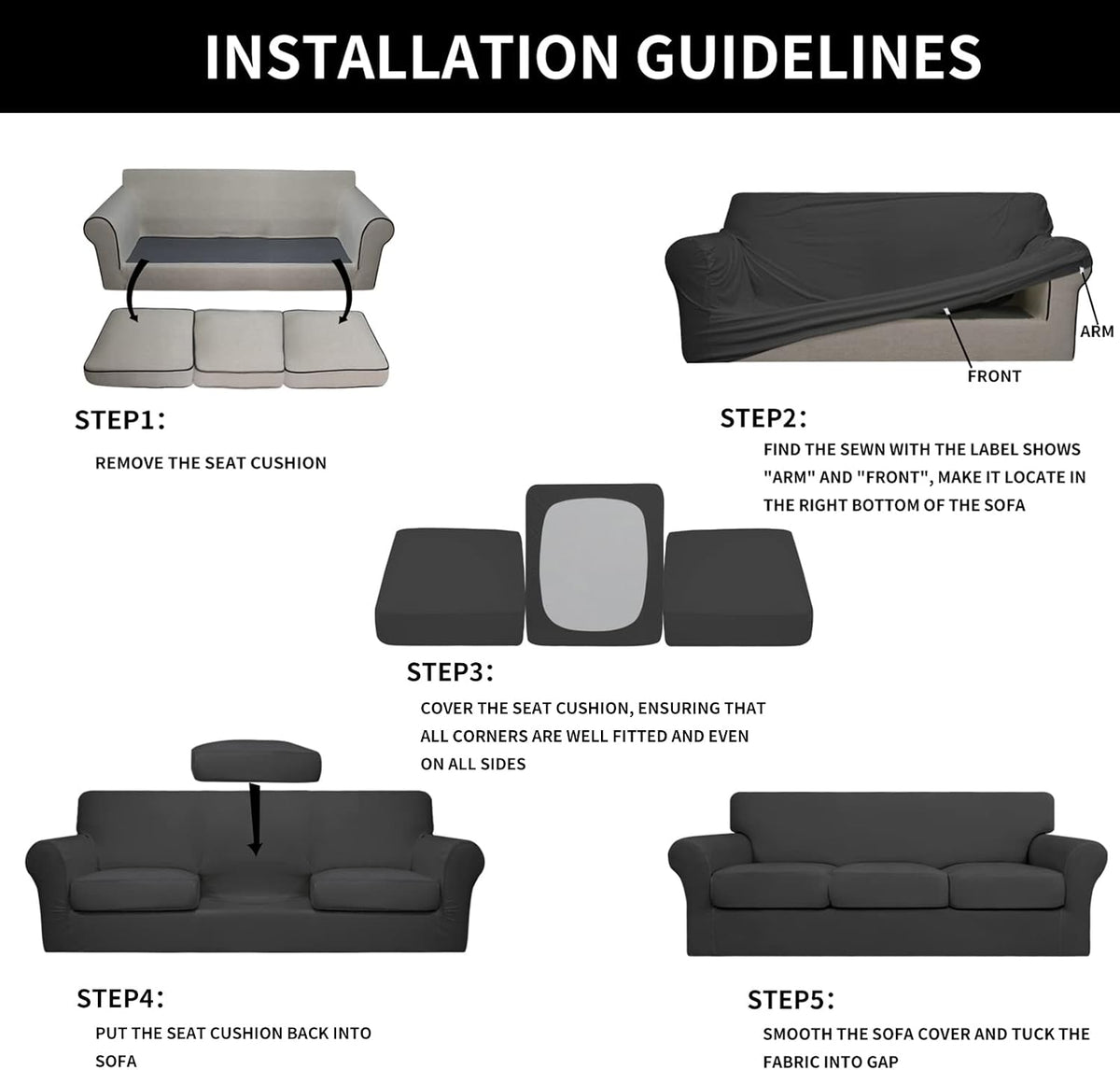 Easy-Going 4 Pieces Stretch Sofa Cover for 3 Cushion Couch Washable