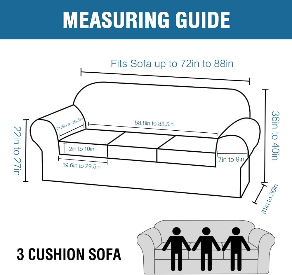 H.VERSAILTEX 4 Piece Stretch Sofa Covers for 3 Cushion Couch Covers for Living Room Furniture Slipcovers (Base Cover Plus 3 Seat Cushion Covers) Upgraded Thicker Jacquard Fabric (Sofa, Grey)