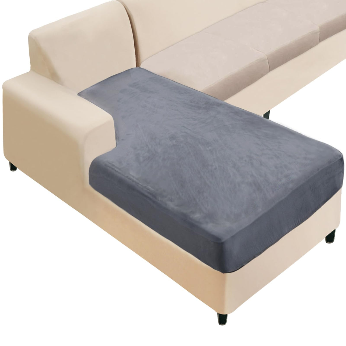 NAISI Sectional Couch Cover 4 Pieces Velvet Separate Couch Cushion Covers L Shape Soft Stretch Sofa Slipcovers with 2pcs Pillowcases for Left/Right Chaise Sectional Couch(3 Seater+1 Chaise,Dark Grey)
