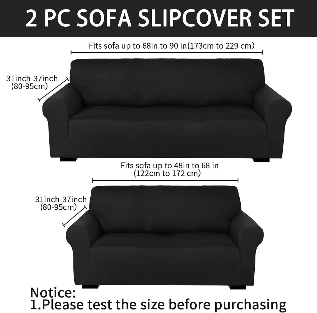 Peryiter 2 Pcs Couch and Loveseat Sofa Covers,Black,Milk Silk