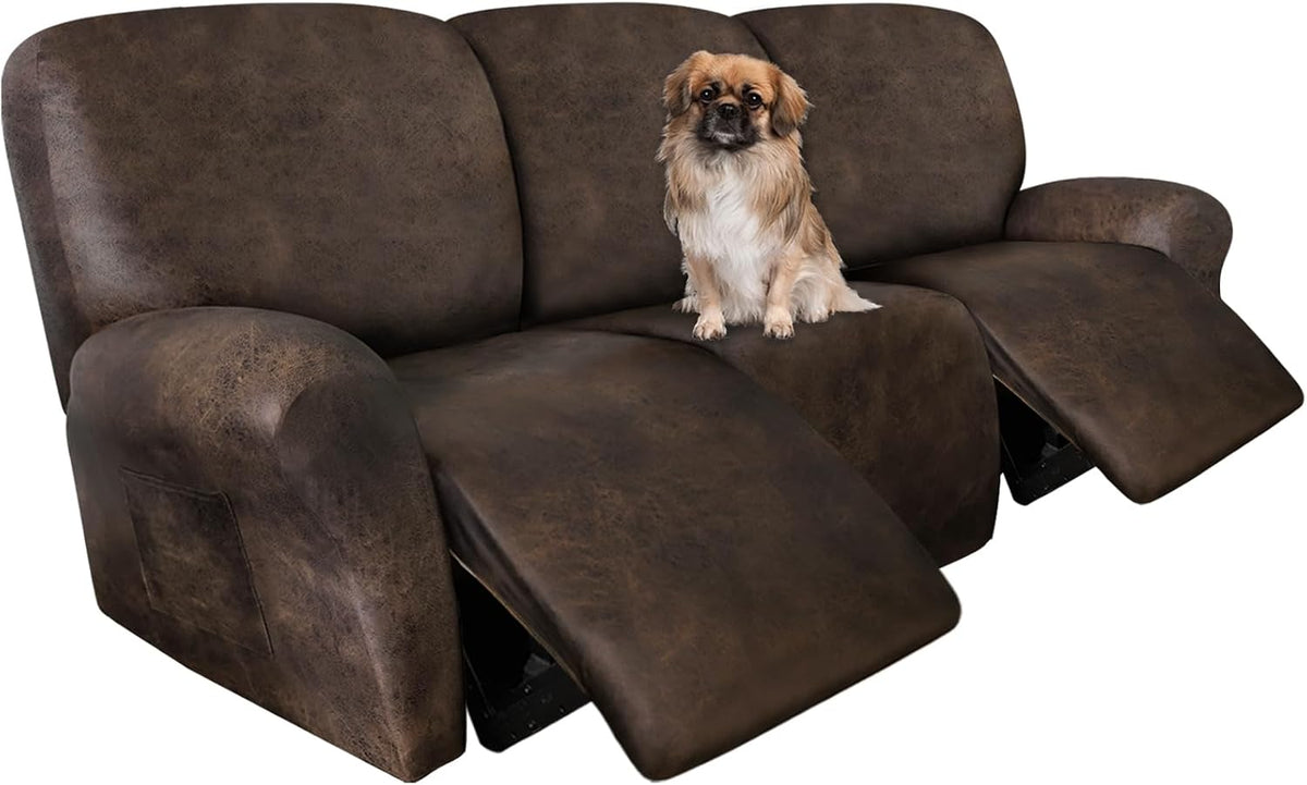 ANARACHON Leather Look Recliner Couch Cover 8-Piece Recliner Sofa Slipcovers 3 Seater for Reclining Couches Furniture Protector Spandex Fabric Washable (Recliner Sofa, Brown)