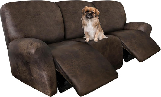 ANARACHON Leather Look Recliner Couch Cover 8-Piece Recliner Sofa Slipcovers 3 Seater for Reclining Couches Furniture Protector Spandex Fabric Washable (Recliner Sofa, Brown)