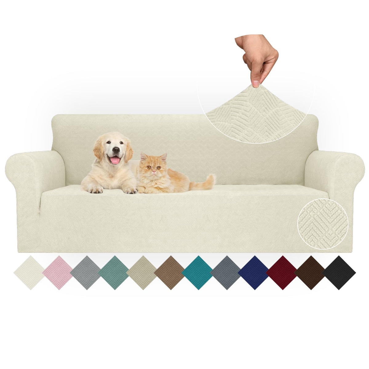 JIVINER High Stretch Couch Covers for 3 Cushion Couch 1-Piece Jacquard Sofa Slipcovers Anti Slip Sofa Cover with Elastic Bottom Furniture Protector for Kids Pets (Sofa, Light Gray and White)
