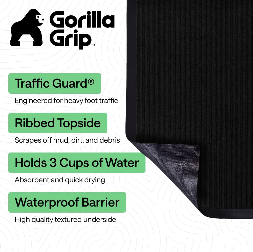 GORILLA GRIP Traffic Guard Indoor Outdoor Heavy Duty Door Mat, 35x23 Black