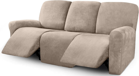 ULTICOR Velvet 8-Pieces Recliner Sofa Covers Stretch Reclining Couch Covers for 3 Cushion Reclining Sofa Slipcovers Furniture Covers Thick Soft Washable (3 Seater Recliner Cover, Taupe)
