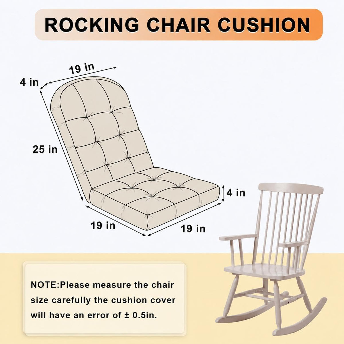 Rocking Chair Cushion - Soft Chenille Fabric Seat Pad with Tufted Design, Non-Slip Bottom and Secure Ties, for Glider, Adirondack and Indoor Rocker Chair, 44x19x4 Inch, Oyster White