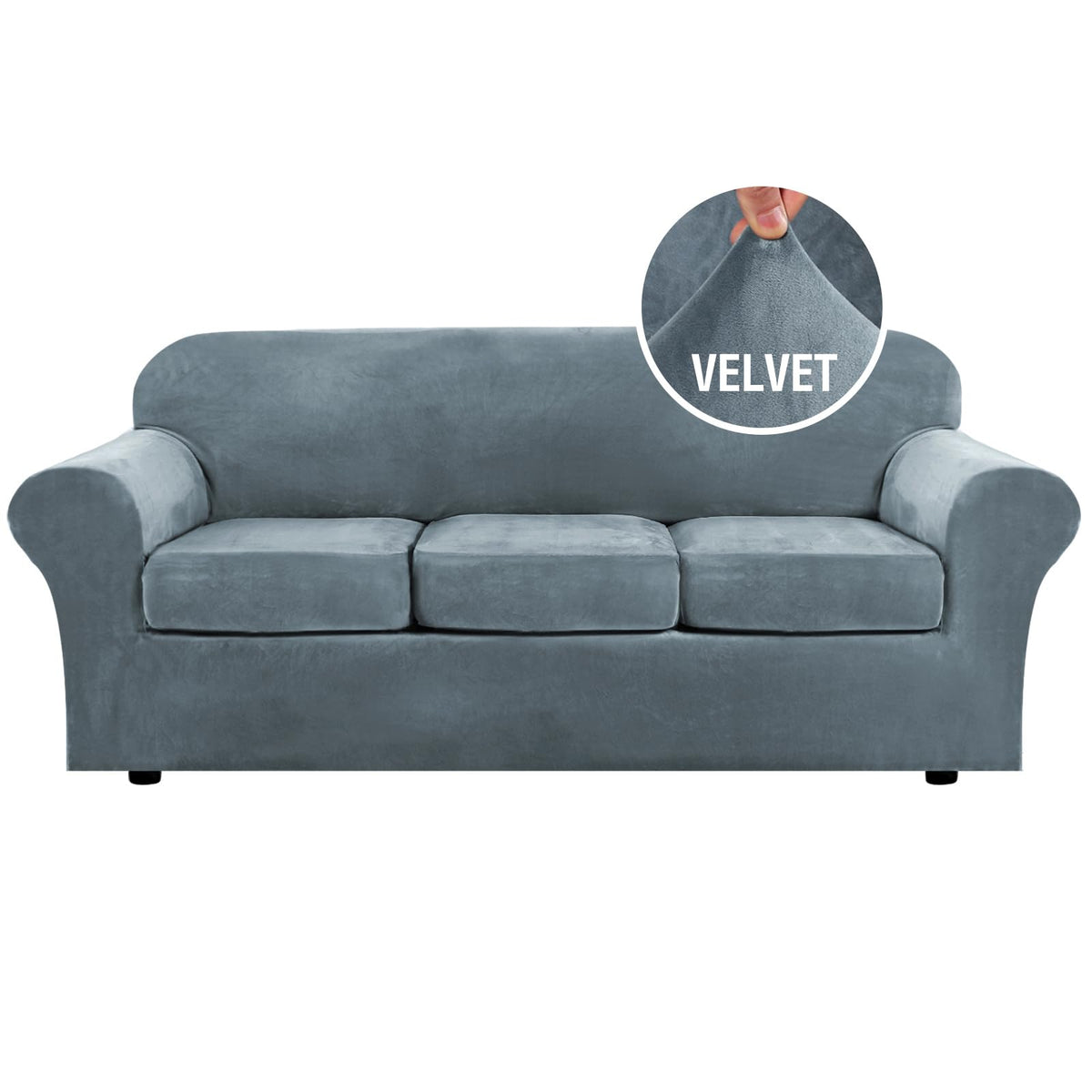 H.VERSAILTEX 4 Pieces Thick Velvet Sofa Covers Couch Covers for 3 Cushion Couch Sofa High Stretch Slipcovers Furniture Protector Form Fit Luxury Couch Cover for Dogs Width Up to 90 Inch(Sofa,Grey)