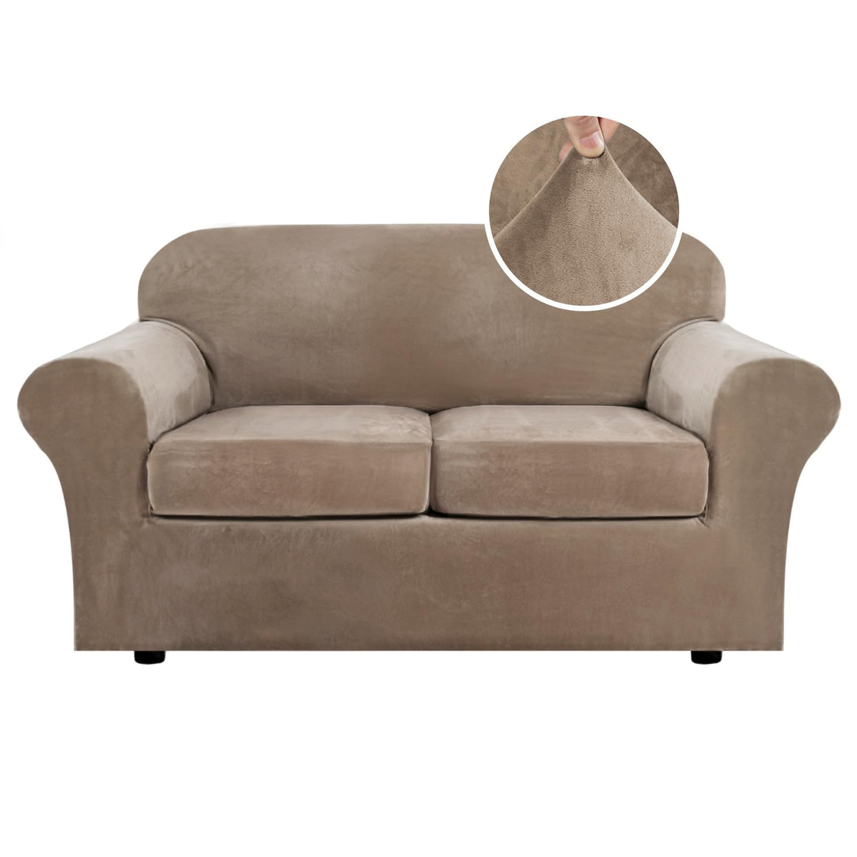 H.VERSAILTEX Modern Velvet Plush 4 Piece High Stretch Sofa Slipcover Furniture Protector Form Fit Luxury Thick Sofa Cover for 3 Cushion Couch, Machine Washable Width Up to 90 Inch(Sofa,Ivory)