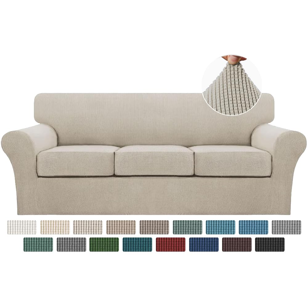 Turquoize 4 Piece Couch Cover Sofa Covers for 3 Cushion Couch Sofa Slipcovers Washable Sofa Cover for Dogs with Individual Couch Cushion Covers Feature Jacquard Fabric(3 Cushion Sofa, Biscotti Beige)