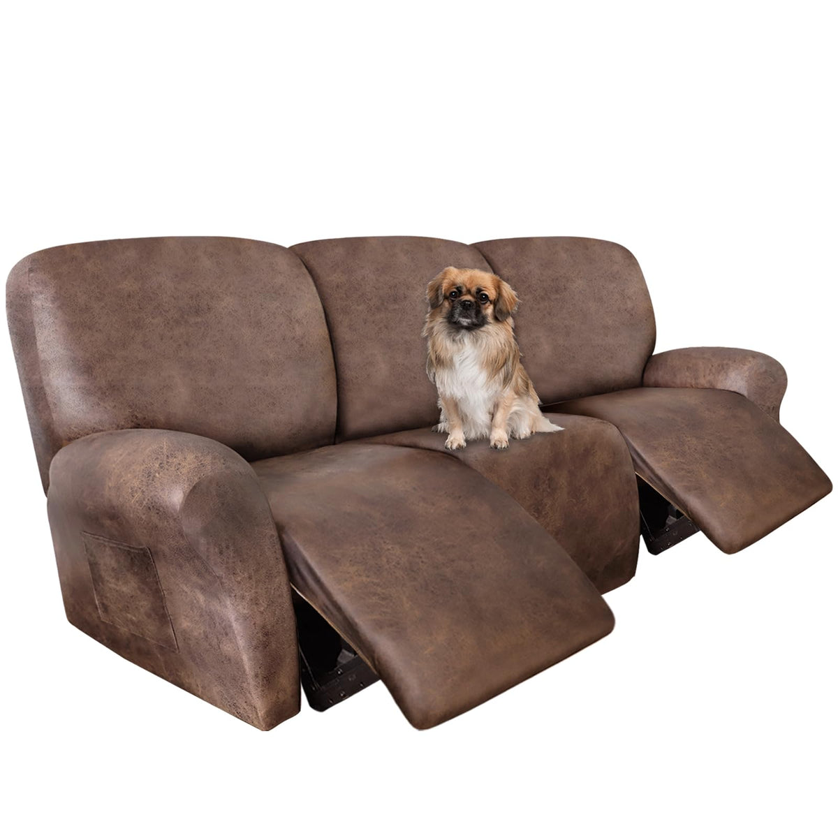 ANARACHON Leather Look Recliner Couch Cover 8-Piece Recliner Sofa Slipcovers 3 Seater for Reclining Couches Furniture Protector Spandex Fabric Washable (Recliner Sofa, Brown)