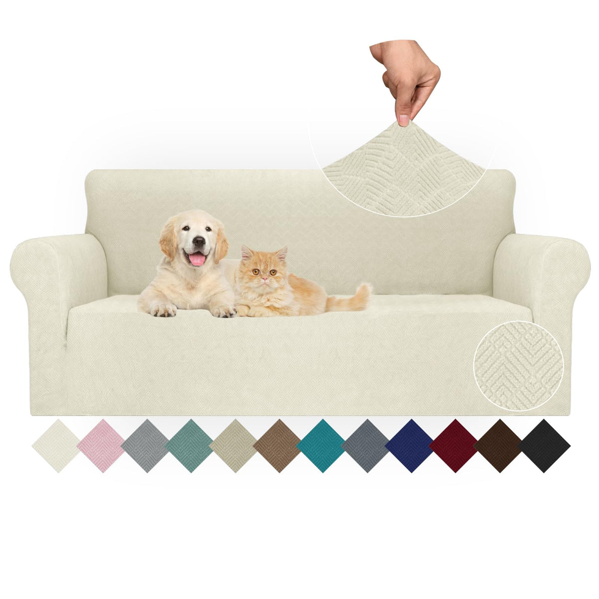 JIVINER High Stretch Couch Covers for 3 Cushion Couch 1-Piece Jacquard Sofa Slipcovers Anti Slip Sofa Cover with Elastic Bottom Furniture Protector for Kids Pets (Sofa, Light Gray and White)