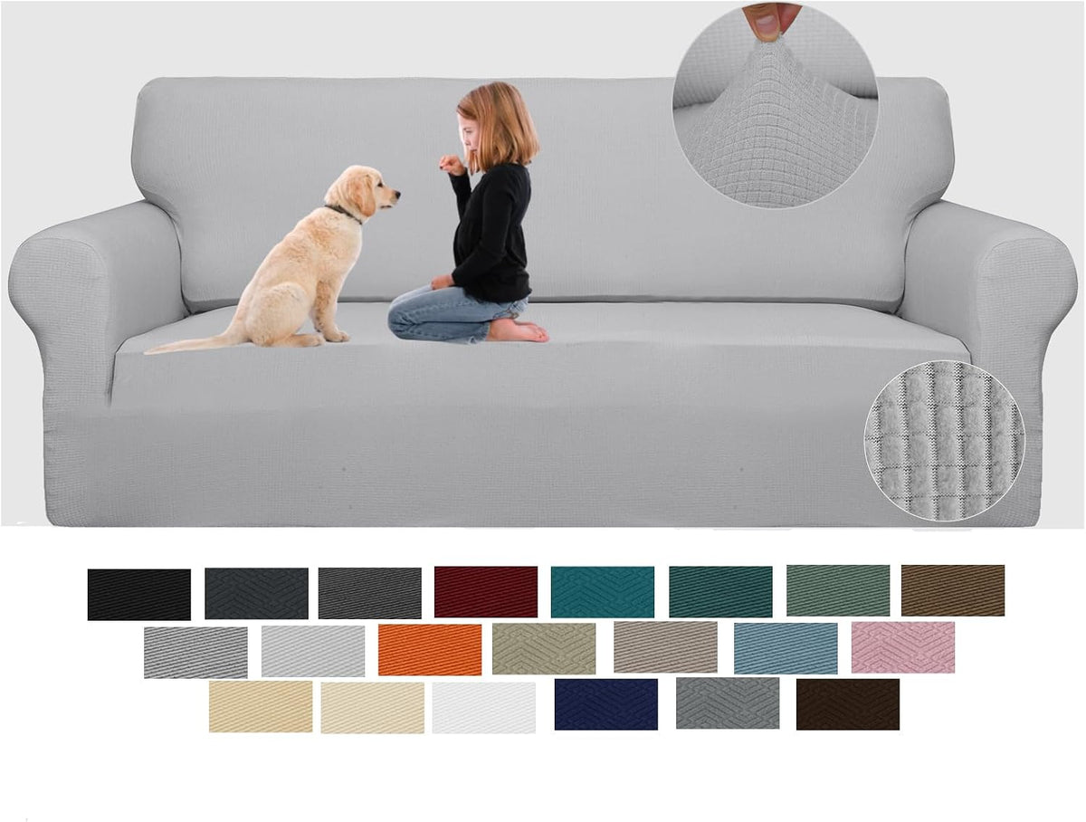 JIVINER High Stretch Couch Covers for 3 Cushion Couch 1-Piece Jacquard Sofa Slipcovers Anti Slip Sofa Cover with Elastic Bottom Furniture Protector for Kids Pets (Sofa, Light Gray and White)