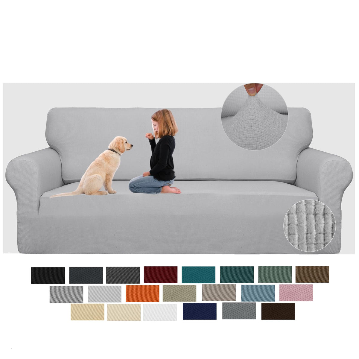 JIVINER High Stretch Couch Covers for 3 Cushion Couch 1-Piece Jacquard Sofa Slipcovers Fitted Washable Sofa Covers with Elastic Bottom Furniture Protector for Kids Pets (Sofa, Light Gray)