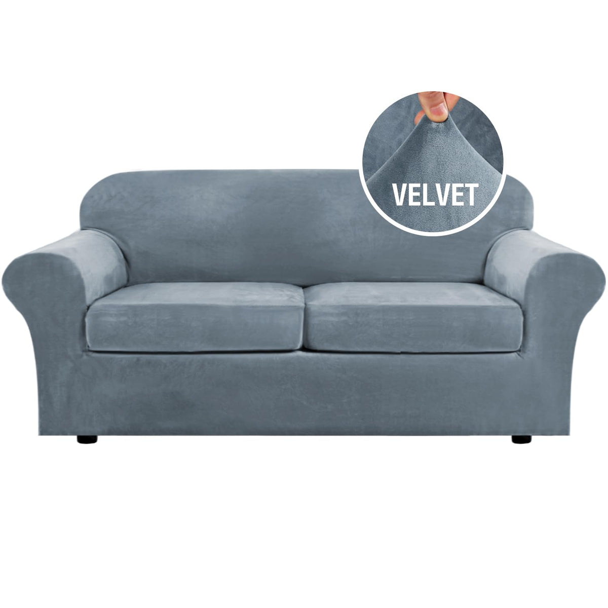 H.VERSAILTEX Modern Velvet Plush 4 Piece High Stretch Sofa Slipcover Furniture Protector Form Fit Luxury Thick Sofa Cover for 3 Cushion Couch, Machine Washable Width Up to 90 Inch(Sofa,Ivory)