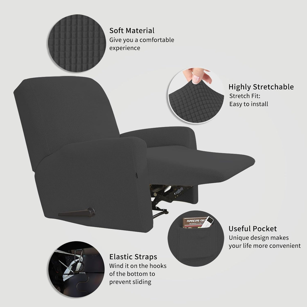 Easy-Going Stretch Recliner Chair Sofa Slipcover Washable Dark Gray