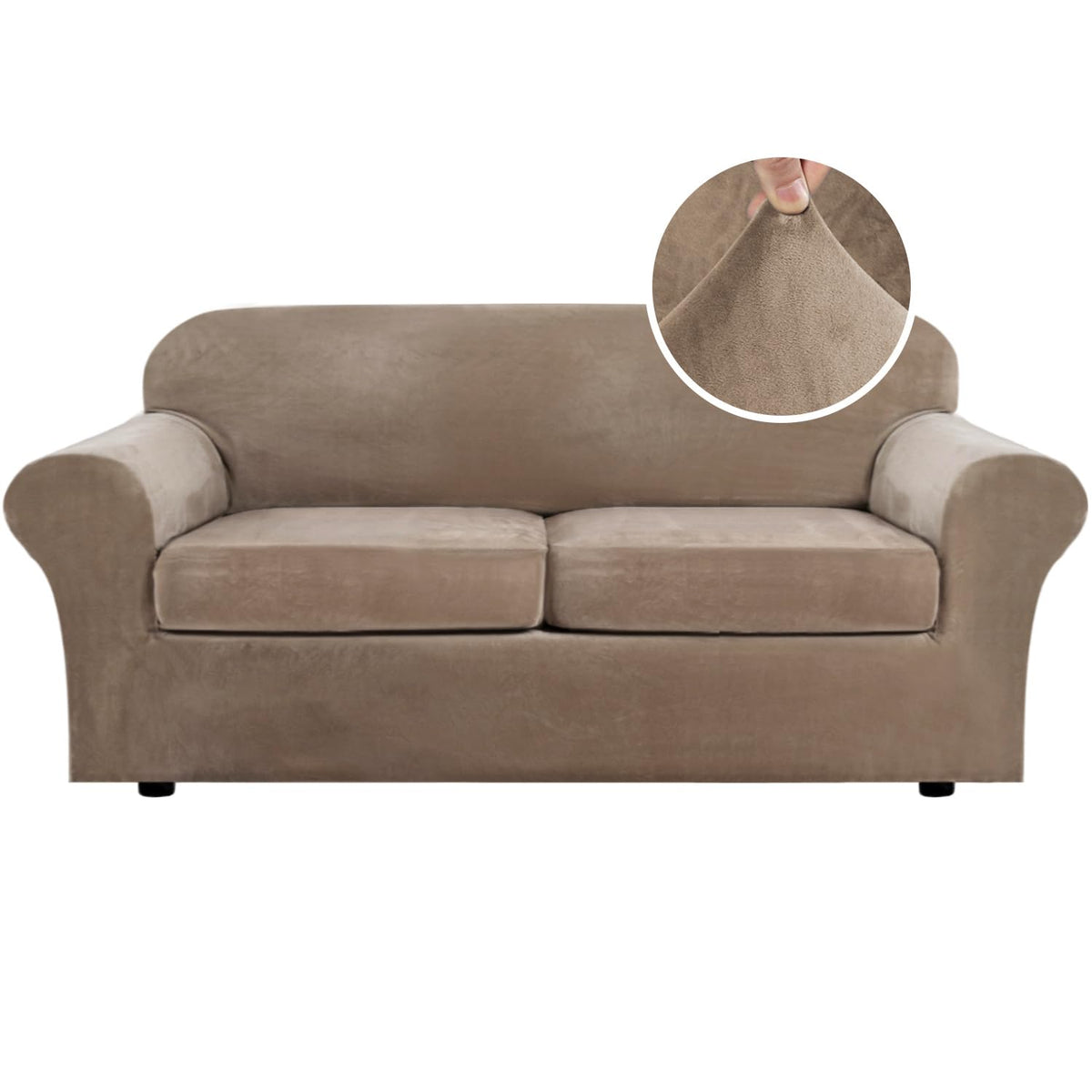 H.VERSAILTEX Modern Velvet Plush 4 Piece High Stretch Sofa Slipcover Furniture Protector Form Fit Luxury Thick Sofa Cover for 3 Cushion Couch, Machine Washable Width Up to 90 Inch(Sofa,Ivory)