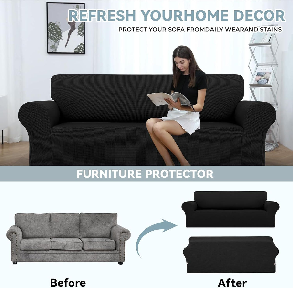 LURKA Stretch Couch Cover for Sofa, 1 Piece 3 Cushion Slipcover, Black