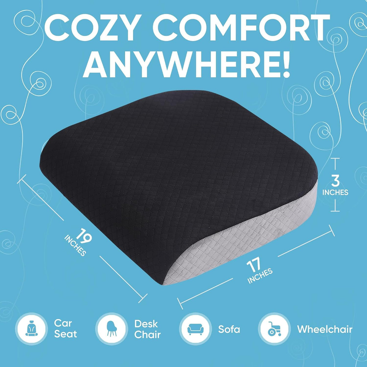 Large Seat Cushion (19” x 17” x 3”) Memory Foam for Office Chair, Wheelchair Cushions, Floor Pillow | Cushion Back Pain Coccyx Pain Relief | Plush Velvet Cover with Carry Handle