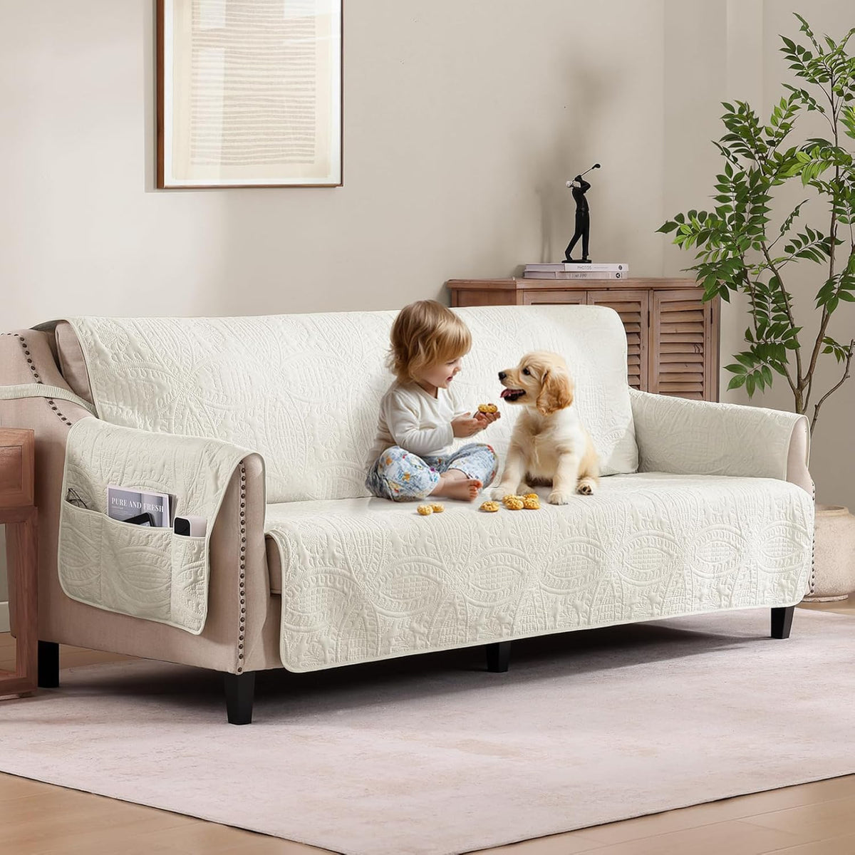 Soft Quilted Couch Cover with Pockets for Extra-Large Sofa, Anti-Slip Sofa Covers Washable for 3 Cushion Pet Friendly Medallion Oversized Sofa Cover Water-Repellent (X-Large Sofa 78", Ivory White)