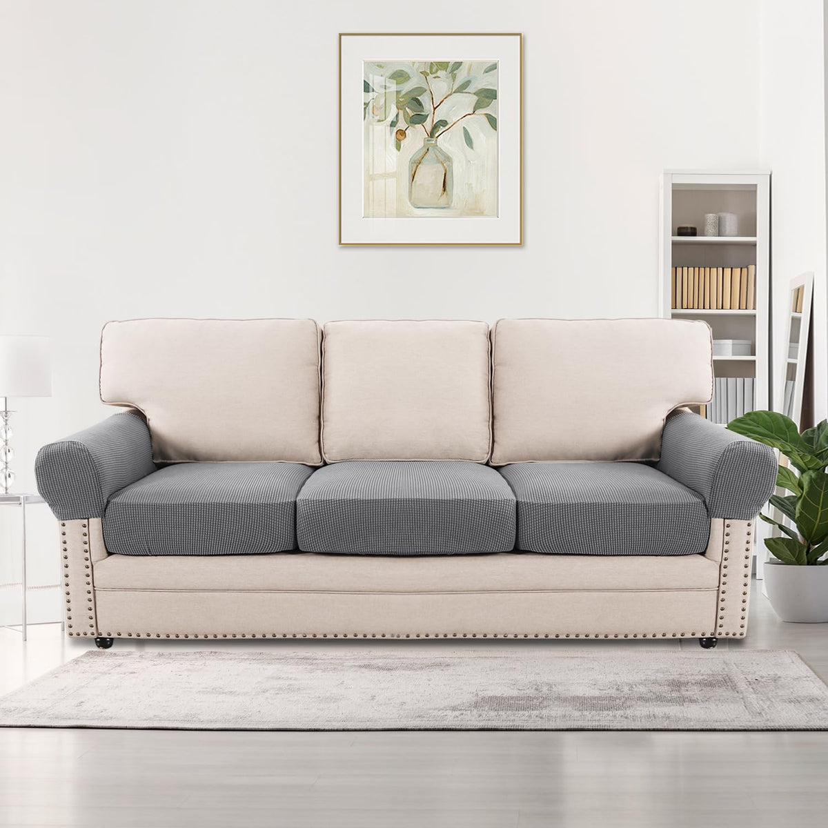 H.VERSAILTEX Multi-Pieces Sofa Covers Stretch Couch Covers Form Fitted Seats and Back Cushions Covers (3 Seat Covers Plus 3 Back Cusion Covers, Bonus 2 Armrest Covers), Sand