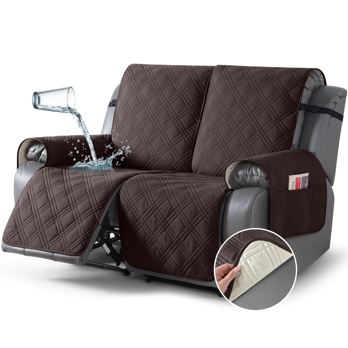 TAOCOCO 100% Waterproof Recliner Sofa Cover Non Slip Couch Cover for 3 Seat Reclining Sofa, Split Reclining Couch Covers 3-Piece with Straps, Washable Sofa Slipcover for Kids Pets(3 Seater, Chocolate)