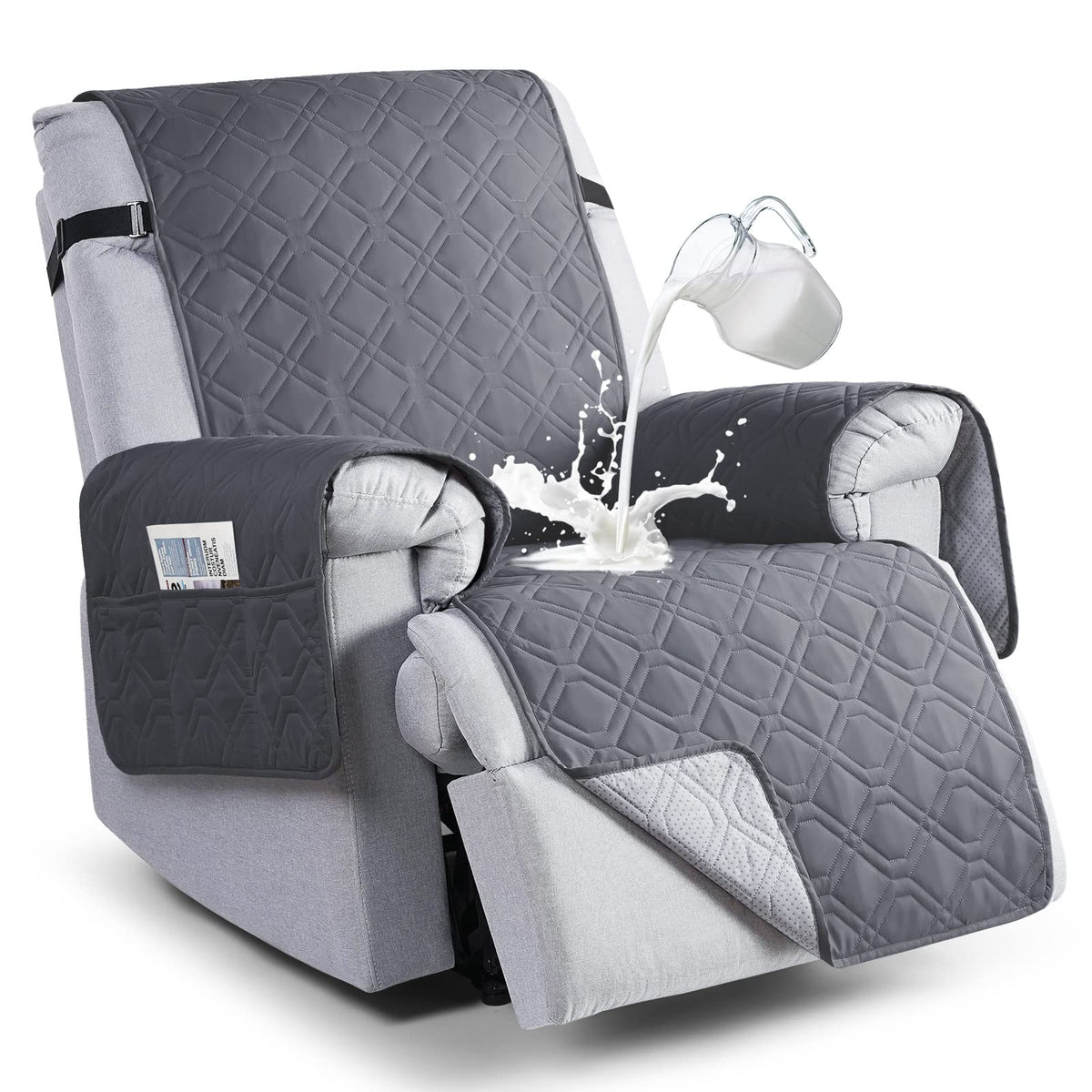 VANSOFY 100% Waterproof Recliner Chair Covers, Recliner Cover Non-Slip Dog Chair Cover Furniture Protector Washable Slipcover with Pocket, Elastic Straps for Pets, Dogs(Dark Gray, 23.6")
