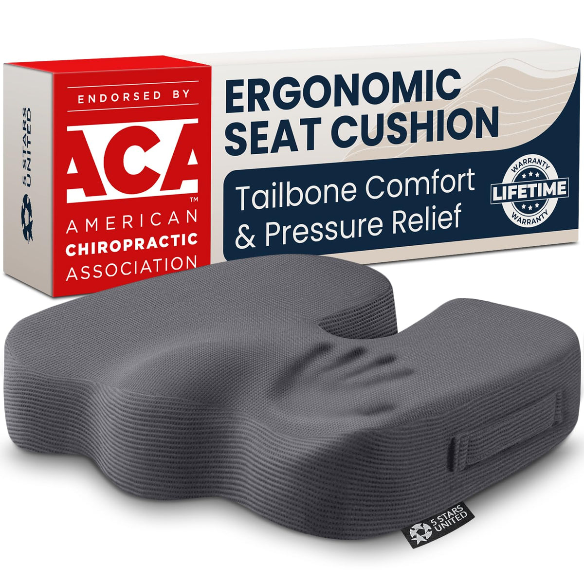 5 STARS UNITED Seat Cushion - Memory Foam Chair Pad for Tailbone Pain Relief - Ergonomic Support for Coccyx, Sciatica & Butt - Office, Desk & Gaming Chair, Car Seat, Wheelchair, Airplane, Black