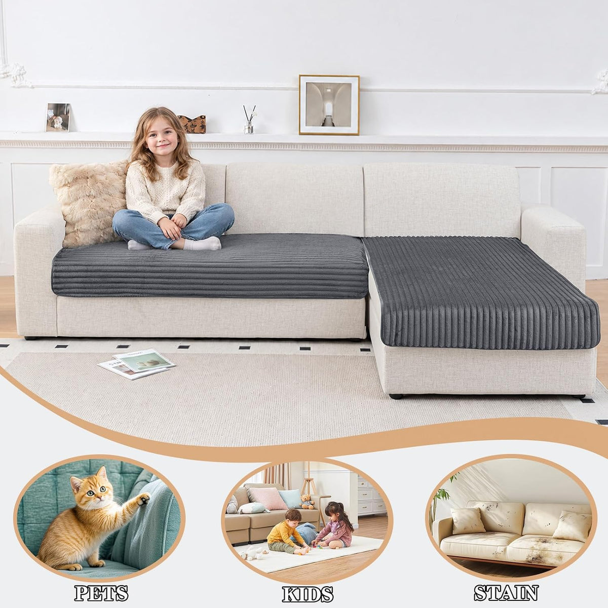 NAISI Couch Covers for Dogs Waterproof Flannel Striped Sofa Cover Pet Friendly Washable Dog Mat for Couch Anti Slip Sectional Sofa Slipcover Protector(2pcs/35"x63"+35"x70",Dark Grey)