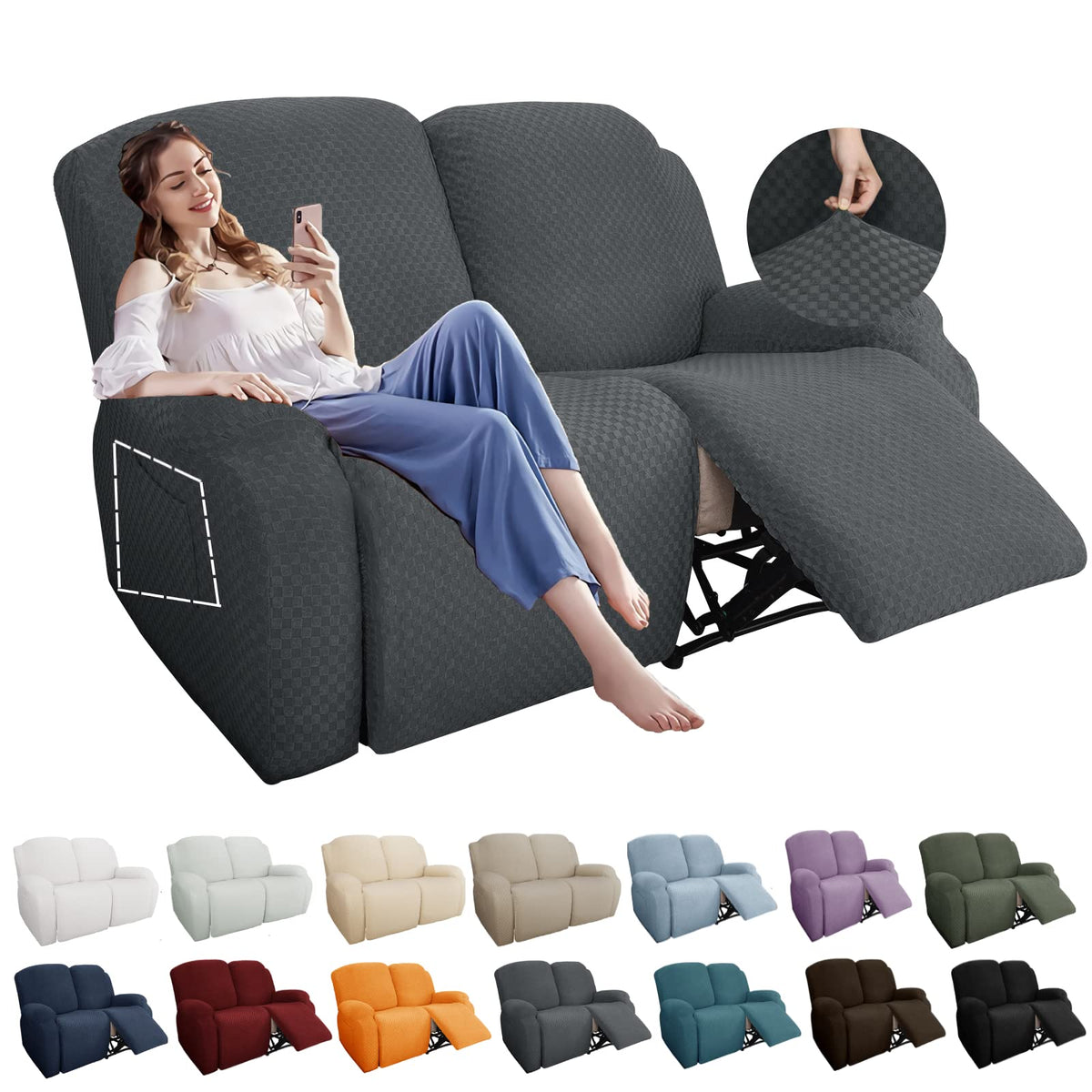 YEMYHOM 8 Pieces Stretch Recliner Sofa Cover Latest Jacquard Reclining Couch Cover with Side Pocket Anti-Slip Fitted 3 Cushion Furniture Slipcovers with Elastic Bottom (Sofa Recliner, Light Gray)