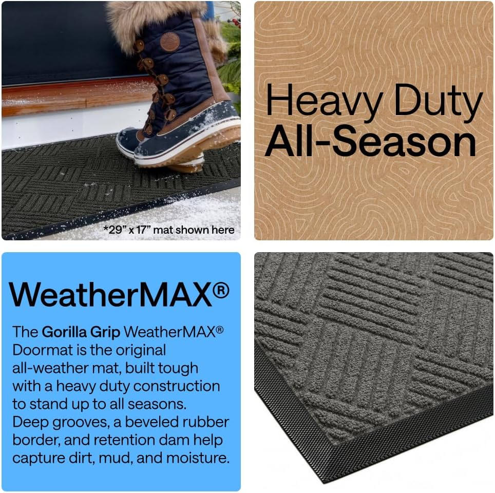 GORILLA GRIP WeatherMAX Door Mat, Indoor Outdoor Use, 29x17 Gray Diamond