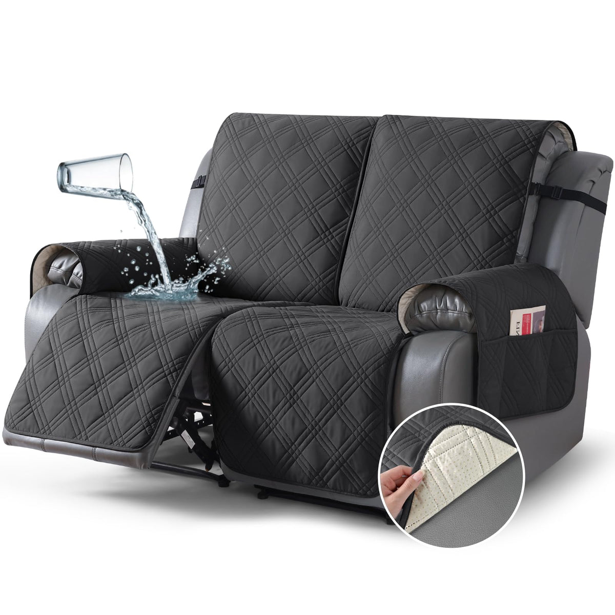 TAOCOCO 100% Waterproof Recliner Sofa Cover Non Slip Couch Cover for 3 Seat Reclining Sofa, Split Reclining Couch Covers 3-Piece with Straps, Washable Sofa Slipcover for Kids Pets(3 Seater, Chocolate)