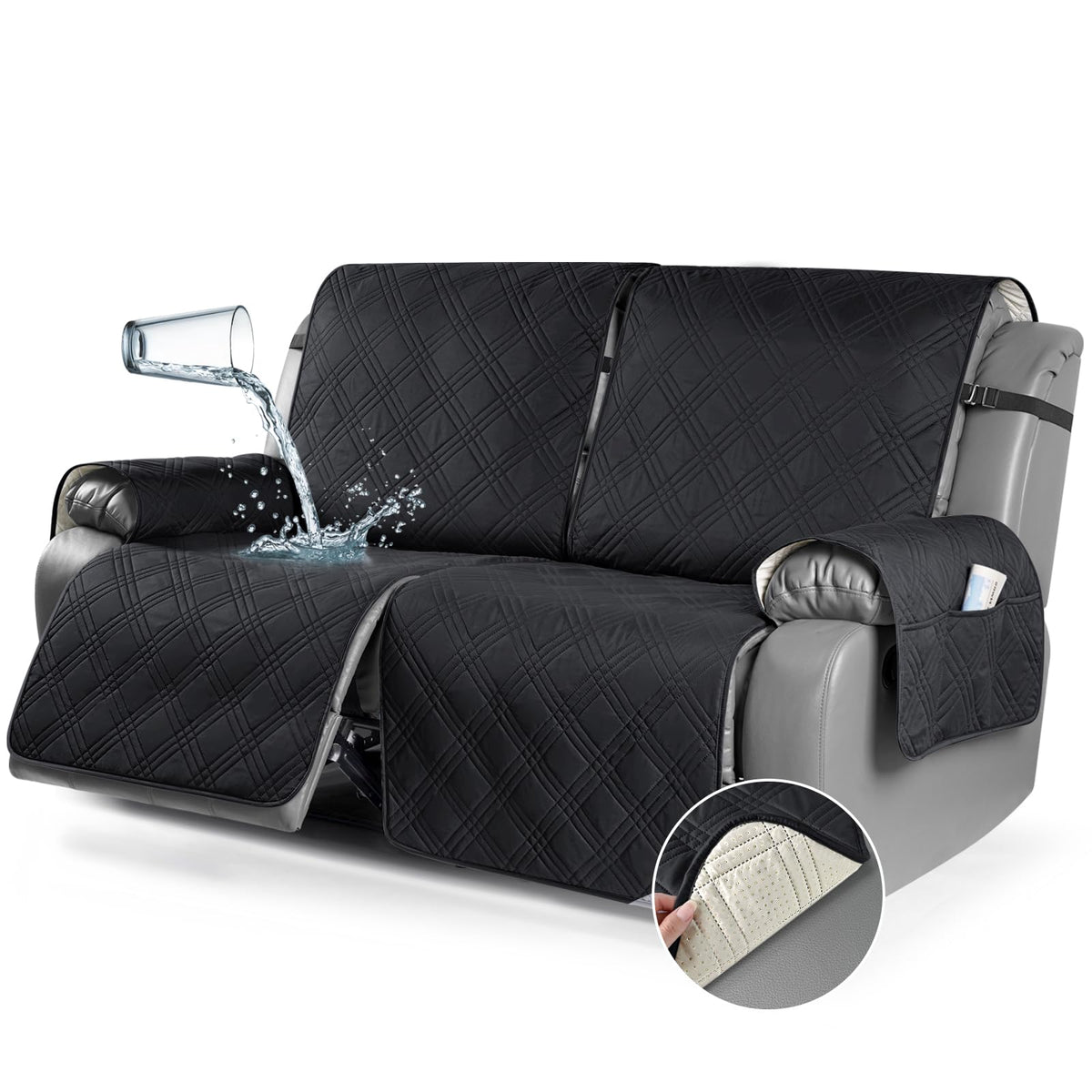 TAOCOCO 100% Waterproof Recliner Sofa Cover Non Slip Couch Cover for 3 Seat Reclining Sofa, Split Reclining Couch Covers 3-Piece with Straps, Washable Sofa Slipcover for Kids Pets(3 Seater, Chocolate)
