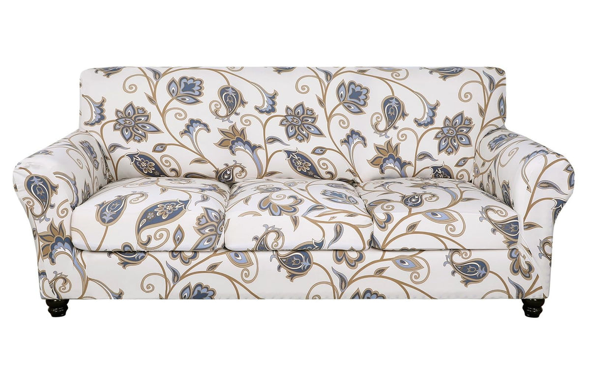 SearchI Stretch Sofa Cover Printed Couch Cover, Floral Pattern 4 Pieces Sofa Slipcover with 3 Separate Cushion Cover, Washable Furniture Protector for Living Room(Sofa, Yellow+Flower)