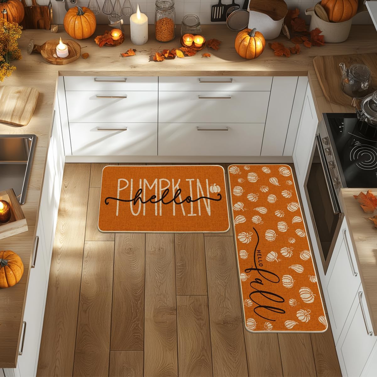 Artoid Mode Orange Hello Pumpkin Fall Kitchen Mats Set of 2 - 17x29+17x47"
