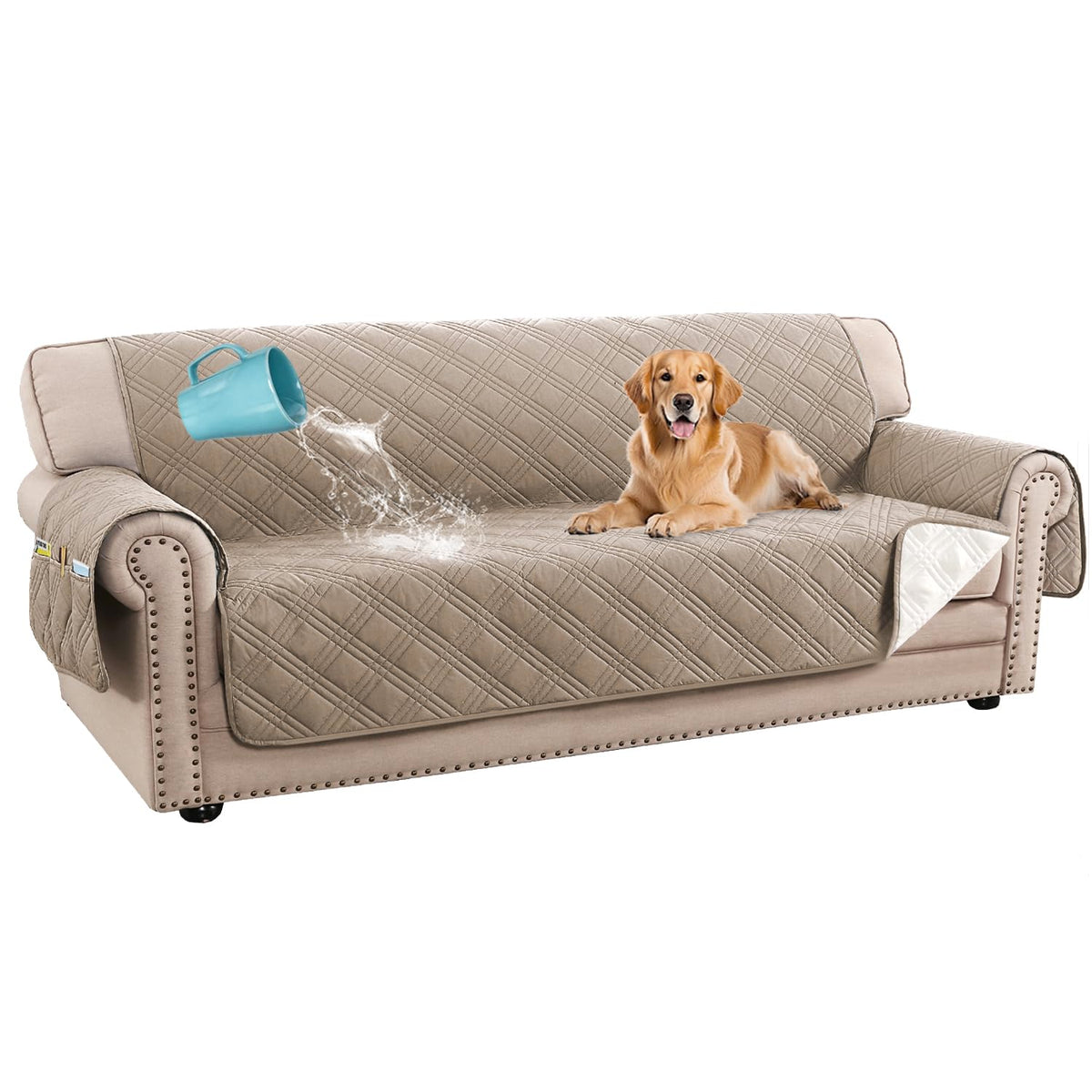 H.VERSAILTEX 100% Waterproof Couch Covers for 3 Cushion Couch Sofa Modern Sofa Slipcovers with Elastic Straps Thick Soft Furniture Protector Pet Friendly(Sofa, Grey/Beige)