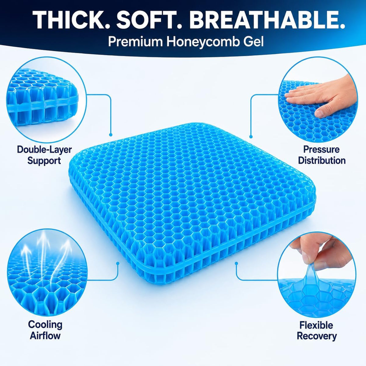 Gel Seat Cushion for Long Sitting, Gel Chair Cushion, Tailbone & Coccyx Pain Relief, Ergonomic Office Chair Pad, Breathable for Car Seat & Wheelchair Large & Thick (Blue)