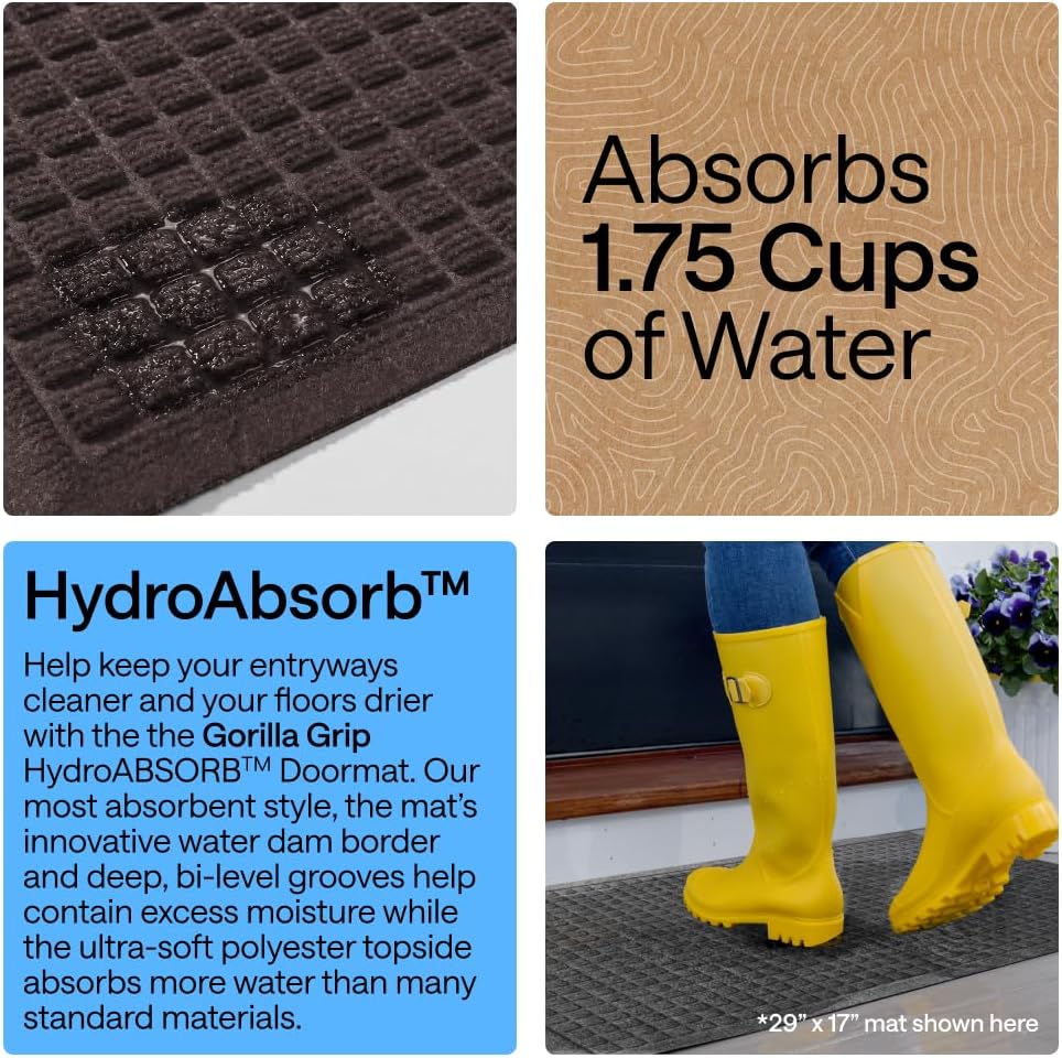 GORILLA GRIP® HydroABSORB Door Mat for Indoor Outdoor Use, 29x17 Coffee