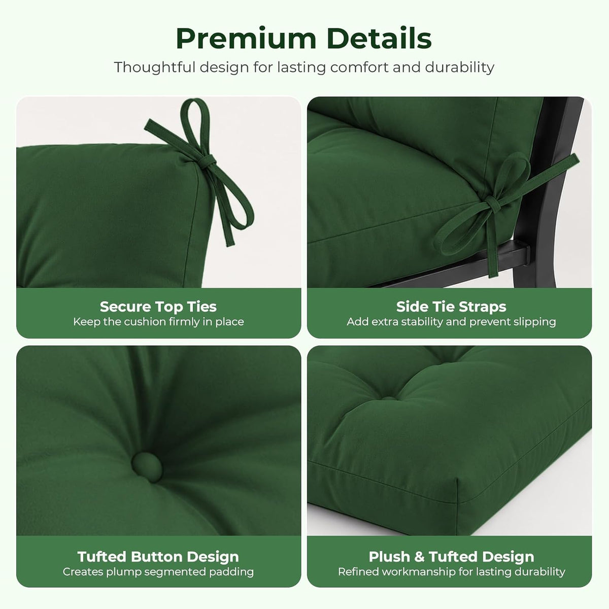 Outdoor Chair Cushion, Waterproof High Back Chair Cushion, Green