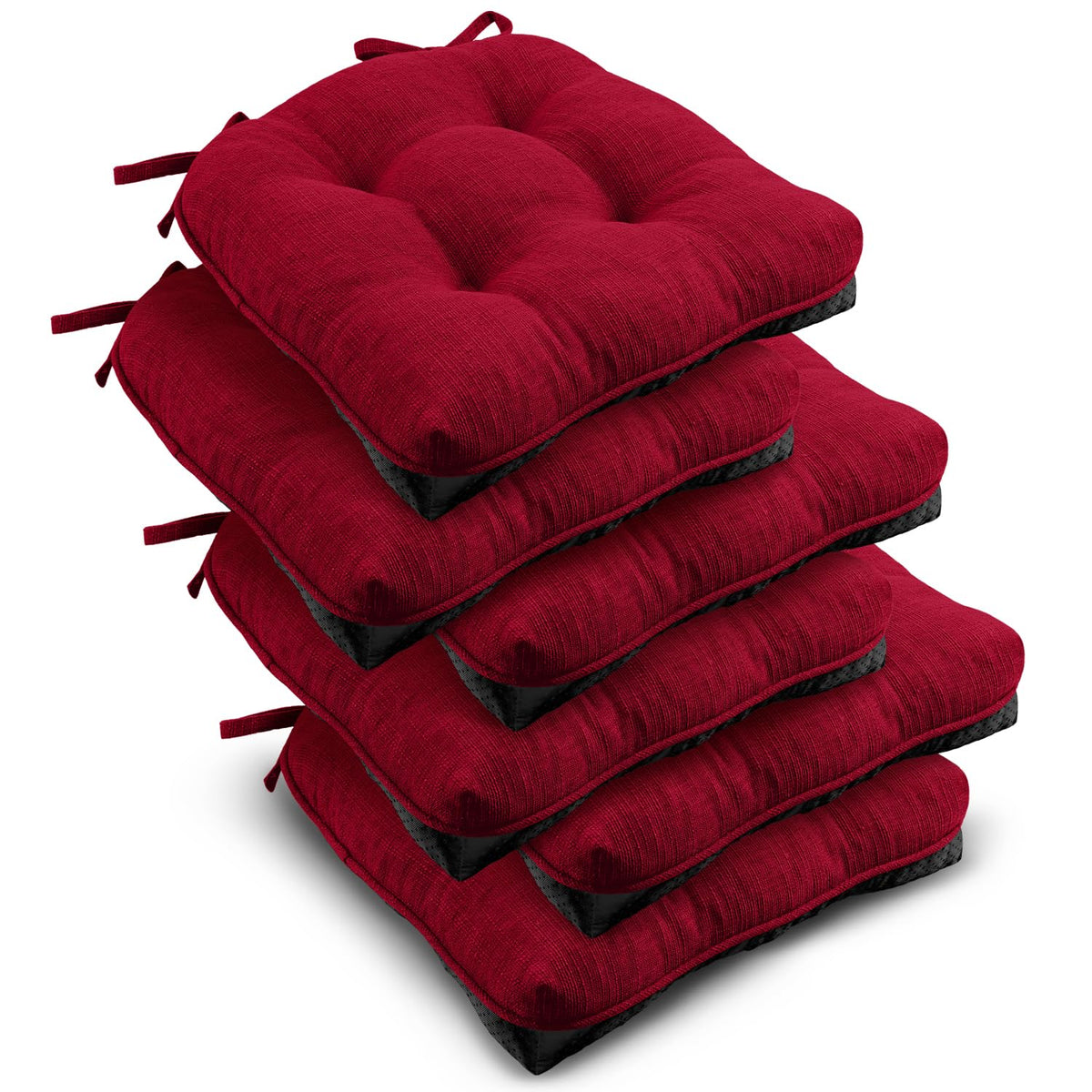downluxe Indoor Chair Cushions for Dining Chairs, Tufted Overstuffed Textured Foam Kitchen Chair Pads with Ties and Non-Slip Backing, 15.5" x 15.5" x 4", Brown, 4 Pack