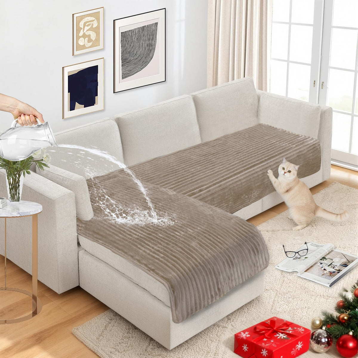NAISI Couch Covers for Dogs Waterproof Flannel Striped Sofa Cover Pet Friendly Washable Dog Mat for Couch Anti Slip Sectional Sofa Slipcover Protector(2pcs/35"x63"+35"x70",Dark Grey)