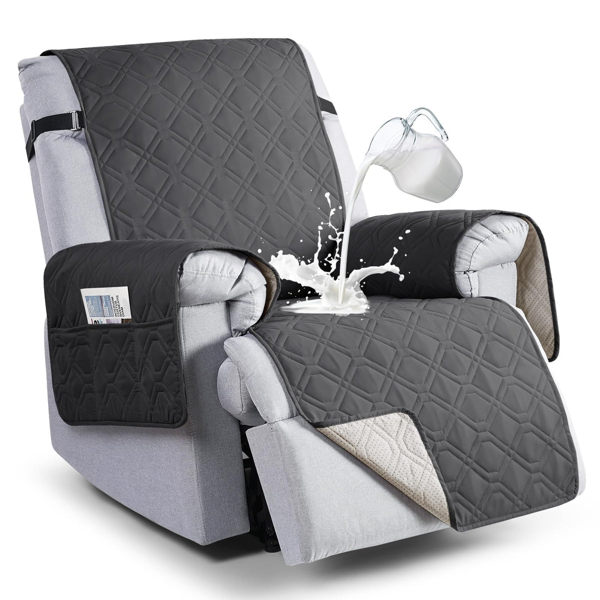 VANSOFY 100% Waterproof Recliner Chair Covers, Recliner Cover Non-Slip Dog Chair Cover Furniture Protector Washable Slipcover with Pocket, Elastic Straps for Pets, Dogs(Dark Gray, 23.6")