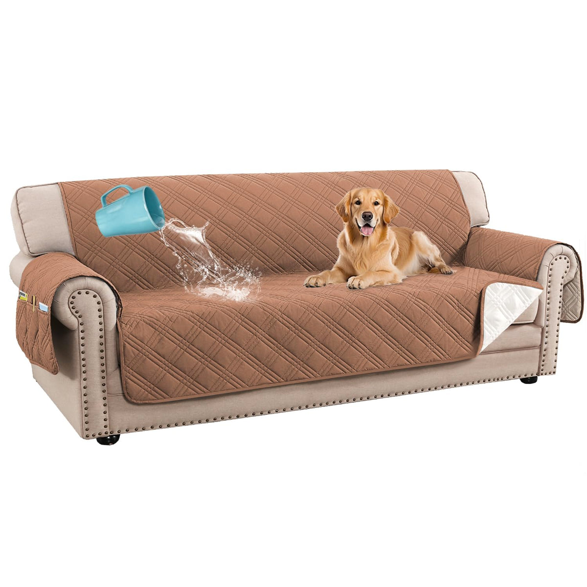 H.VERSAILTEX 100% Waterproof Couch Covers for 3 Cushion Couch Sofa Modern Sofa Slipcovers with Elastic Straps Thick Soft Furniture Protector Pet Friendly(Sofa, Grey/Beige)