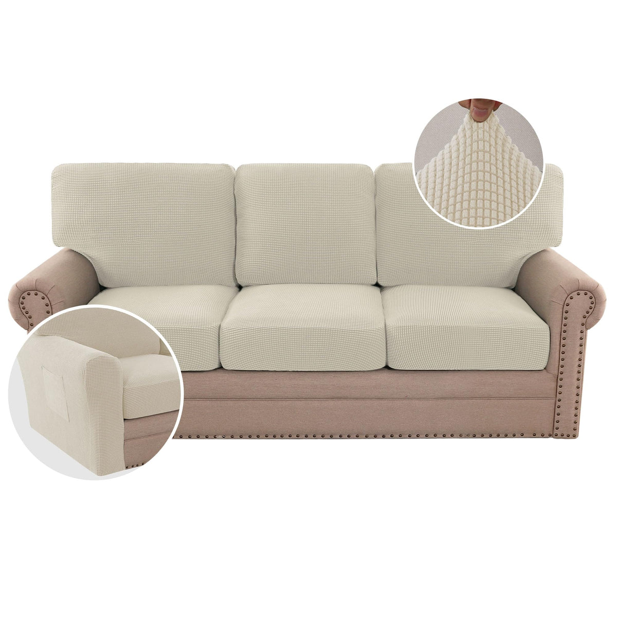H.VERSAILTEX Multi-Pieces Sofa Covers Stretch Couch Covers Form Fitted Seats and Back Cushions Covers (3 Seat Covers Plus 3 Back Cusion Covers, Bonus 2 Armrest Covers), Sand