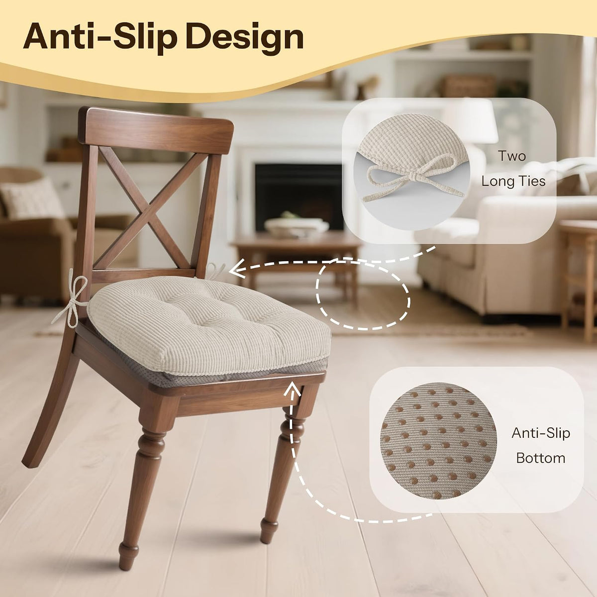 Anti Slip Kitchen Chair Cushions Set of 4 18"X16.5"X3" Beige