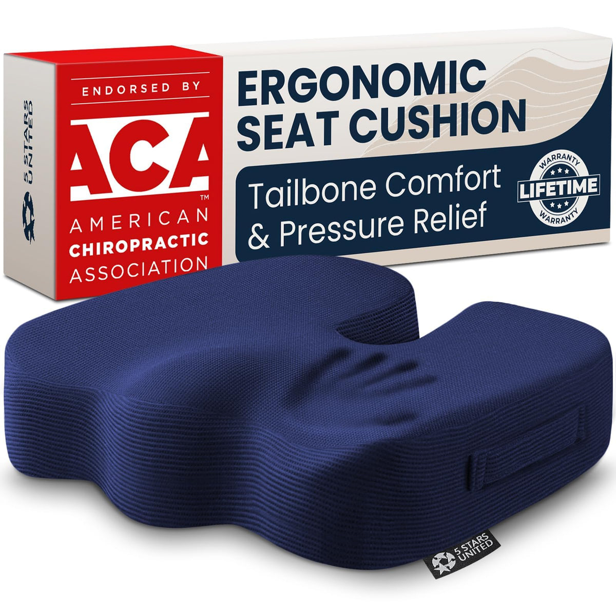 5 STARS UNITED Seat Cushion - Memory Foam Chair Pad for Tailbone Pain Relief - Ergonomic Support for Coccyx, Sciatica & Butt - Office, Desk & Gaming Chair, Car Seat, Wheelchair, Airplane, Black