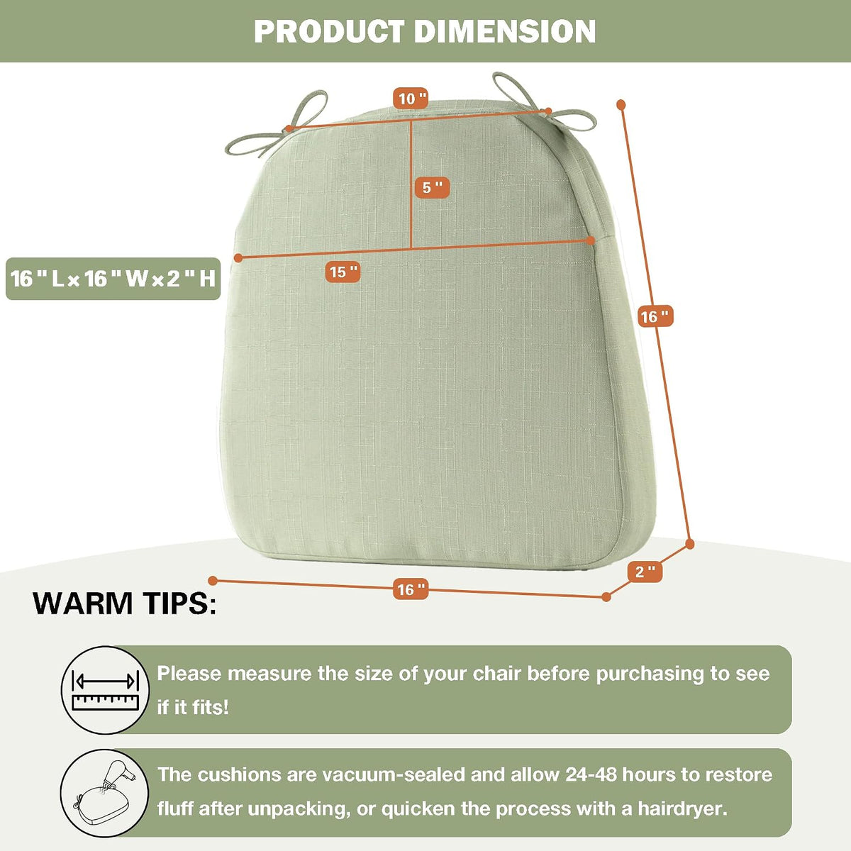 Battilo Chair Cushions for Dining Chairs, 16"x16"x2", Set of 2, Sage Green