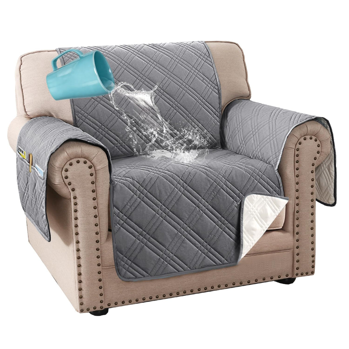 H.VERSAILTEX 100% Waterproof Couch Covers for 3 Cushion Couch Sofa Modern Sofa Slipcovers with Elastic Straps Thick Soft Furniture Protector Pet Friendly(Sofa, Grey/Beige)