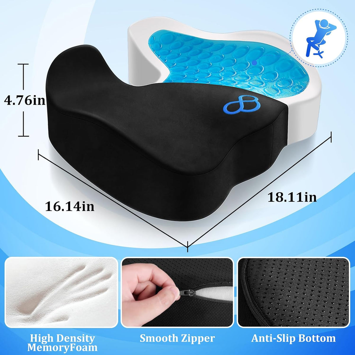CushyOasis Seat Cushion, Gel Memory Foam Office Chair Cushions, Black