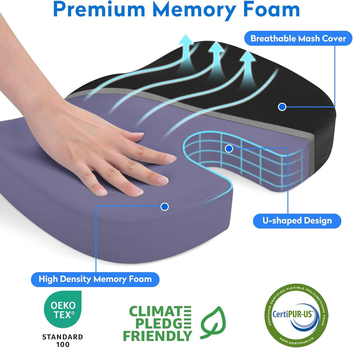 CushZone Seat Cushion Memory Foam Chair Pad for Office & Car, Black